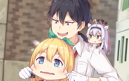 A vibrant HD wallpaper featuring characters Rumia Tingel and Sistine Fibel from the anime Rokudenashi Majutsu Koushi to Akashic Records, showcasing a playful scene.