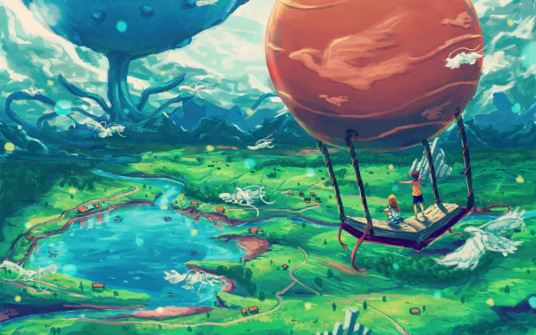 A fantasy HD wallpaper featuring a child and an adult in a hot air balloon, soaring over a lush landscape with a lake, birds, and towering book-like structures in the distance.