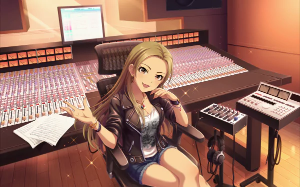 HD PC desktop wallpaper featuring Ryo Matsunaga from THE iDOLM@STER: Cinderella Girls Starlight Stage in a recording studio with warm lighting and detailed anime style.