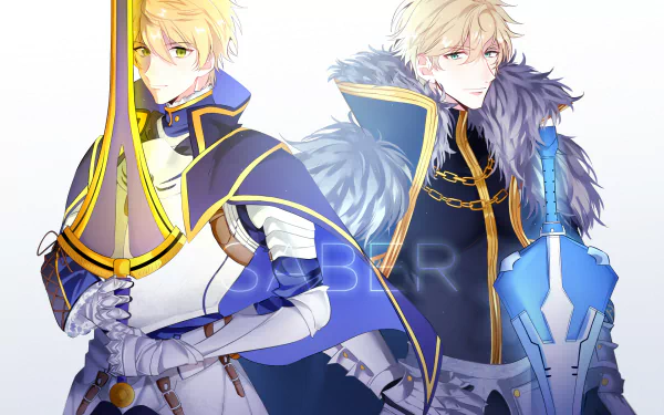 Anime Fate/Prototype HD PC desktop wallpaper of two blond armored knights in blue-and-white cloaks — one with a golden sword, the other holding a blue shield with fur-trimmed cape.