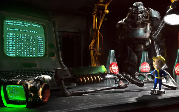 A detailed Fallout 4 wallpaper featuring a retro computer with code, a miniature Vault Boy figurine, and a Power Armor suit in a dimly lit industrial setting.