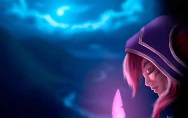 HD desktop wallpaper featuring Xayah from League of Legends, holding a glowing feather against a mystical night sky.