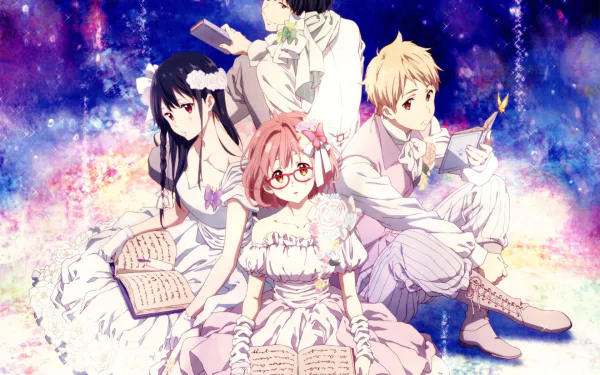 HD desktop wallpaper featuring Hiroomi Nase, Mitsuki Nase, Akihito Kanbara, and Mirai Kuriyama from the anime Beyond the Boundary, surrounded by a vibrant, starry background with open books.