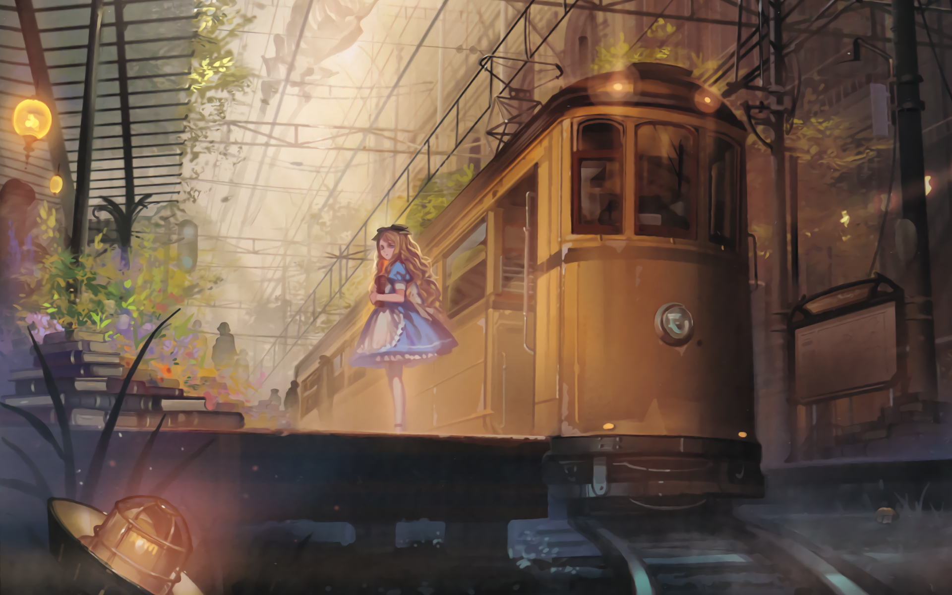 Anime-style Alice from Alice in Wonderland stands near a vintage tram in a softly lit, atmospheric urban setting, designed as an HD PC desktop wallpaper background.