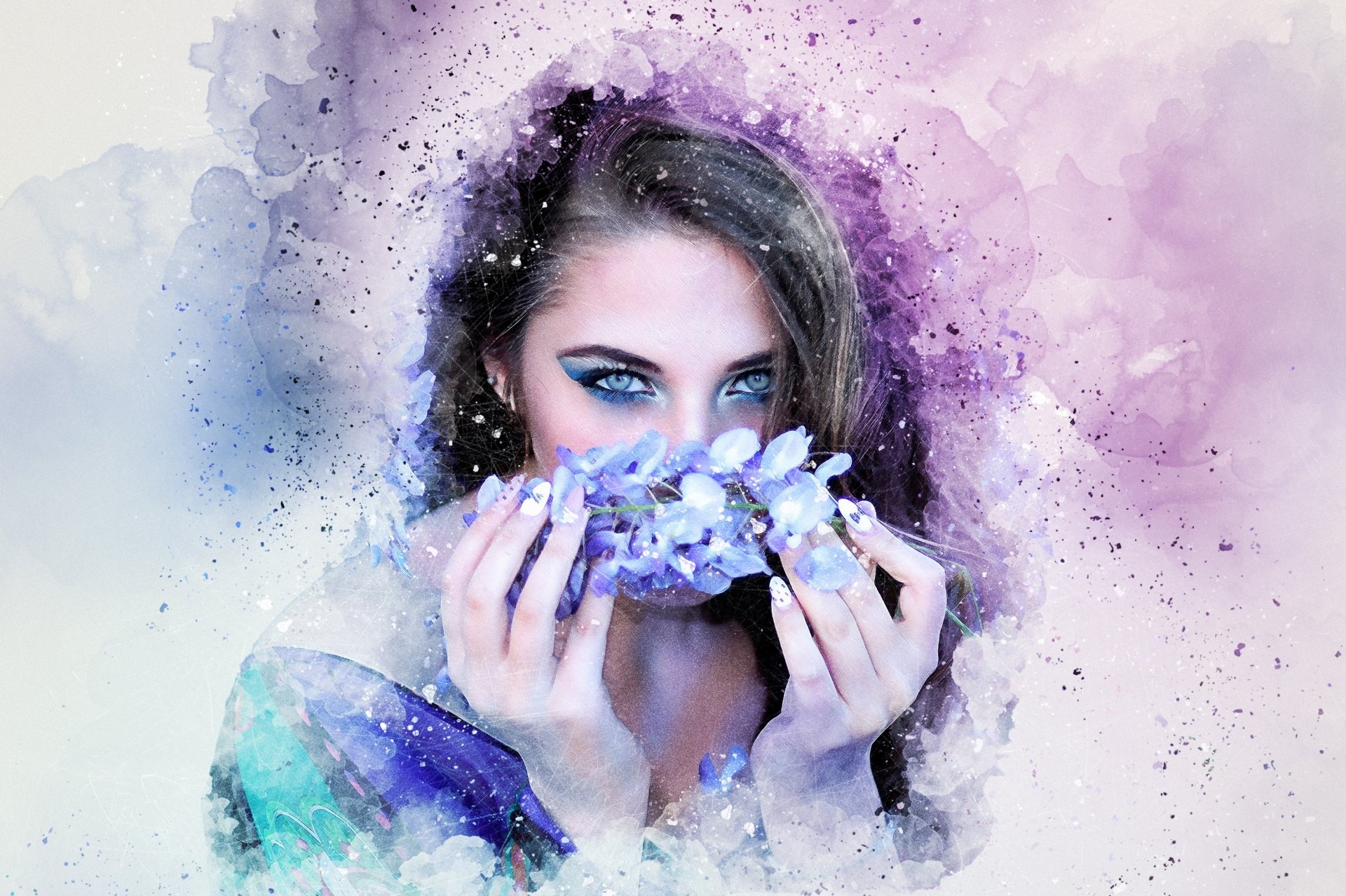 Artistic HD PC wallpaper featuring a woman with striking makeup, surrounded by watercolor effects in soft purple and blue tones.