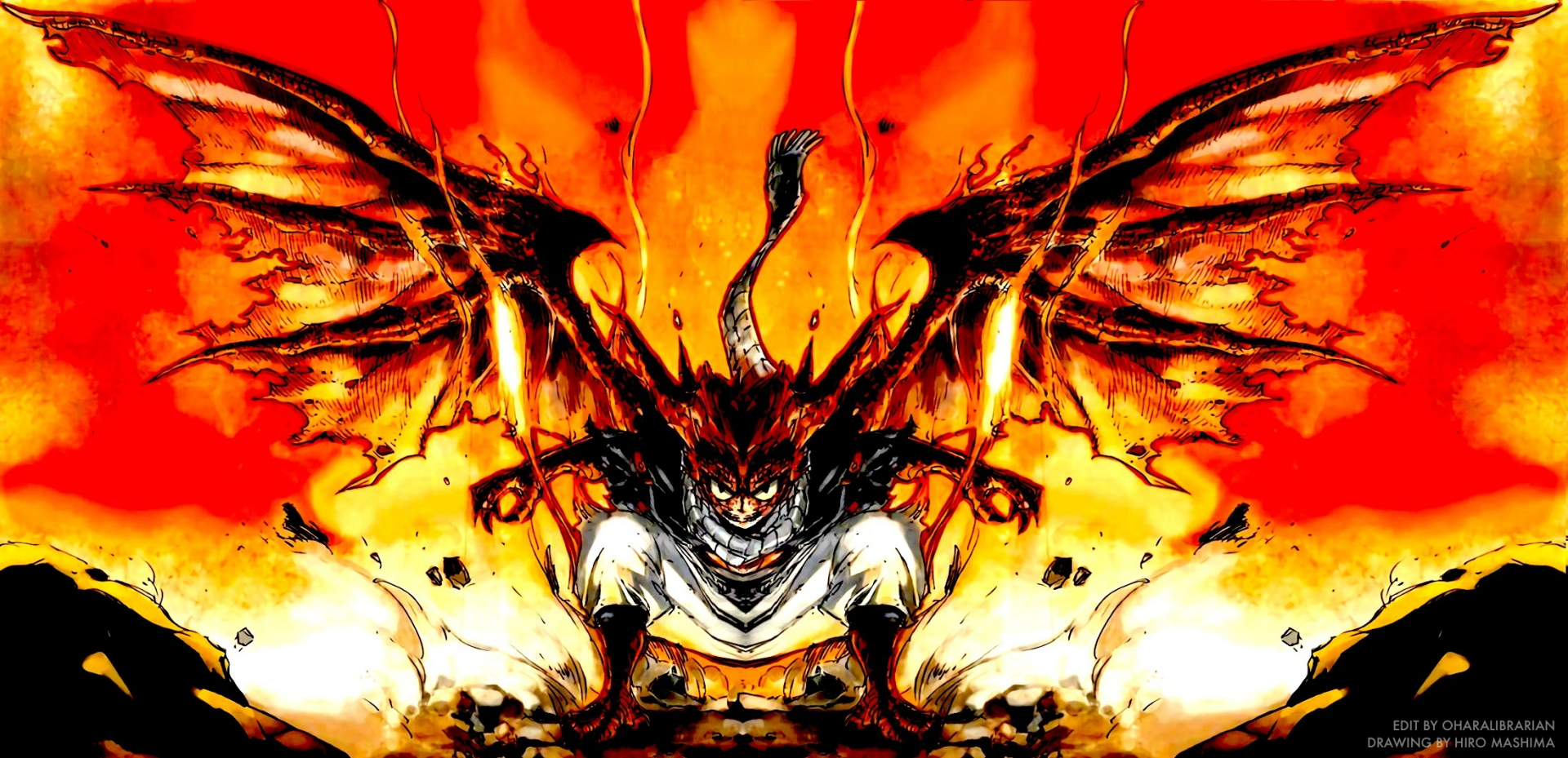 HD desktop wallpaper featuring Natsu Dragneel from the anime Fairy Tail in a fierce pose with fiery, dragon-like wings amidst an intense background of flames and energy.