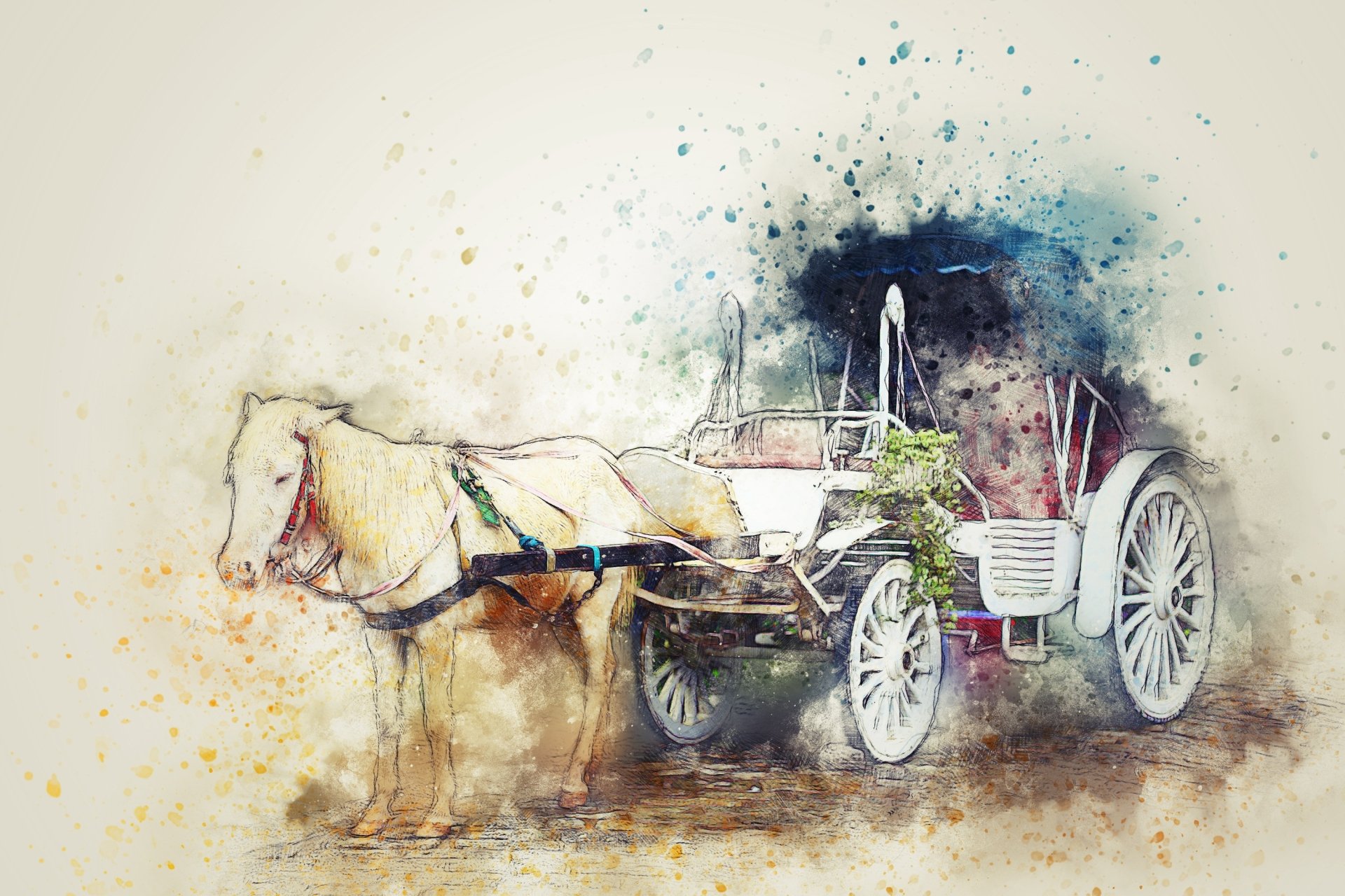 Watercolor-style HD desktop wallpaper depicting a horse-drawn carriage cart with intricate details and soft splashes of color on a light background.