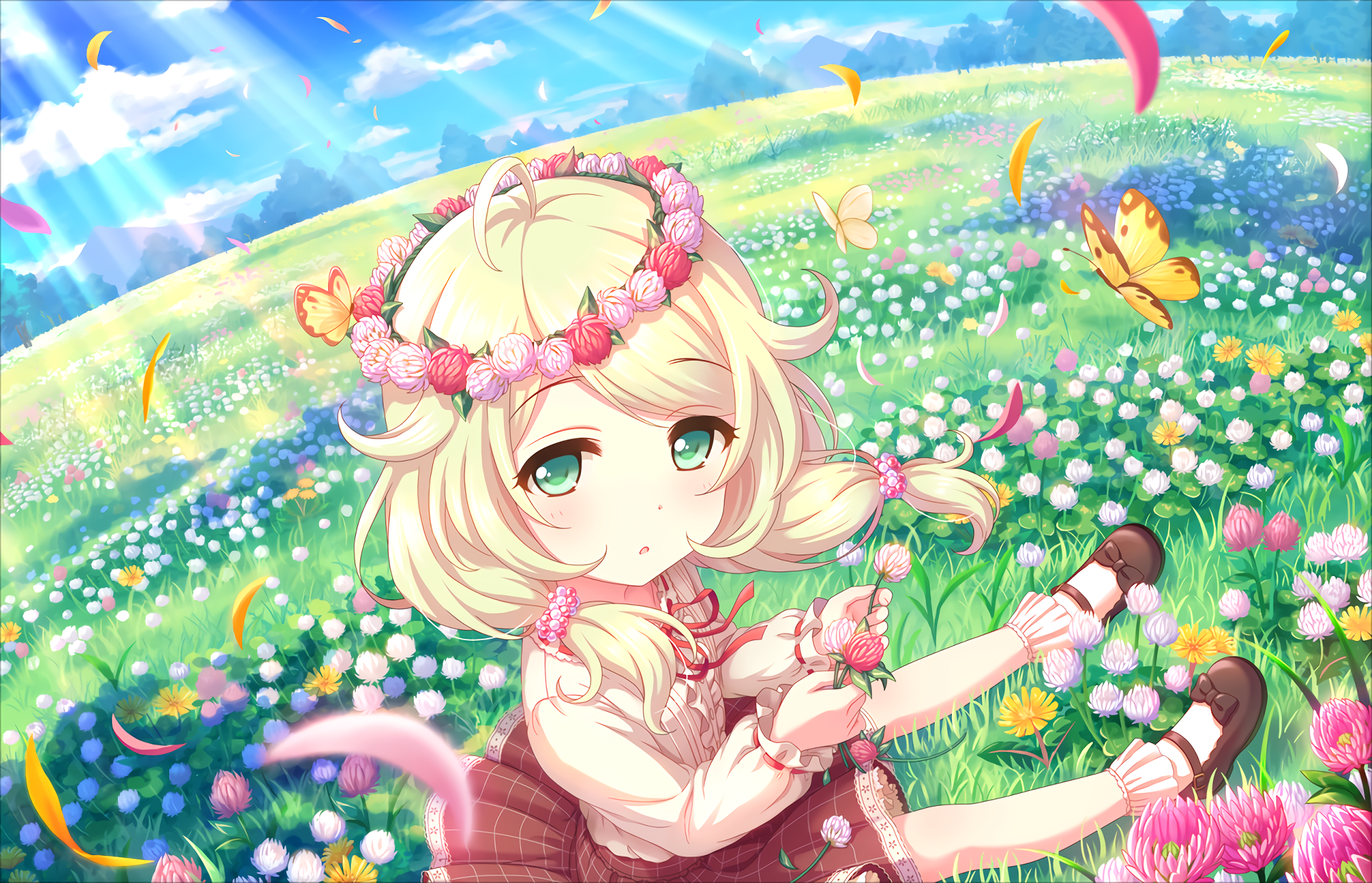 Anime HD desktop wallpaper of Kozue Yusa from THE iDOLM@STER: Cinderella Girls Starlight Stage, featuring her sitting in a vibrant flower-filled meadow with butterflies.