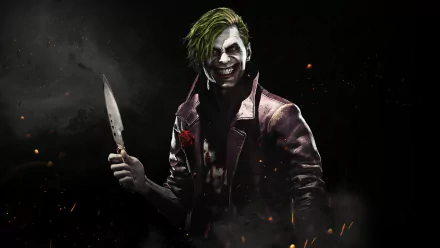 HD desktop wallpaper featuring the Joker from the video game Injustice 2, holding a knife with a sinister grin, set against a dark, smoky background.