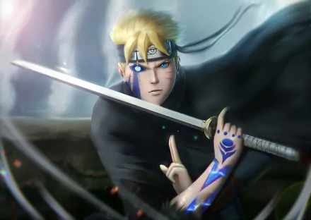 HD PC desktop wallpaper featuring Boruto Uzumaki from the anime Boruto, displaying his Jōgan eye and wielding a sword with glowing blue markings.