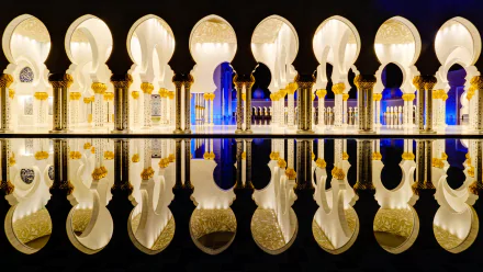 Sheikh Zayed Grand Mosque in Abu Dhabi at night, showcasing its intricate architecture and glowing arches reflected perfectly in still water.