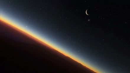HD PC desktop wallpaper from Space Engine showing a planet's horizon at sunrise with a crescent moon and bright star in a star-filled space scene.