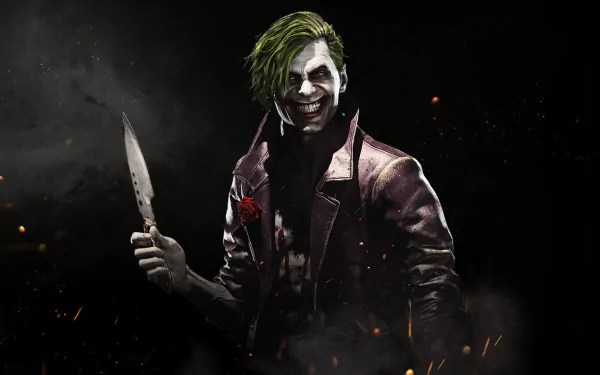 HD desktop wallpaper featuring the Joker from the video game Injustice 2, holding a knife with a sinister grin, set against a dark, smoky background.