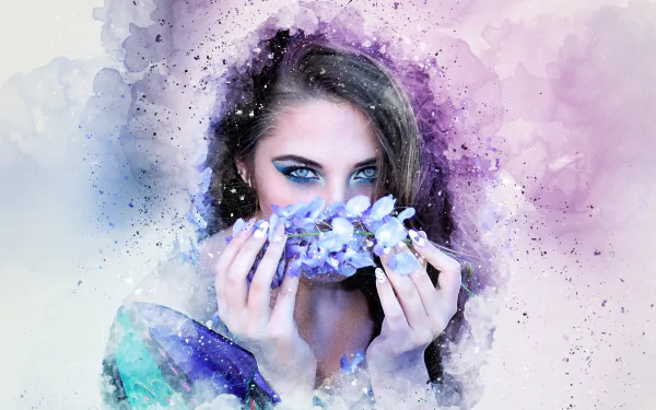  Beautiful Woman with Flower Watercolor Art