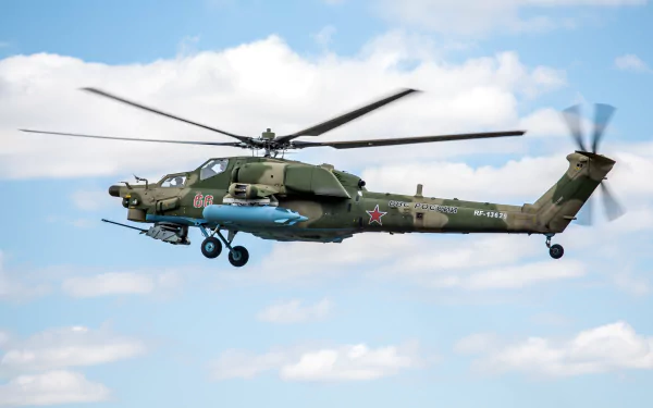 4K Ultra HD PC wallpaper of a Mil Mi-28 attack helicopter aircraft in military camouflage flying against a blue sky with clouds.