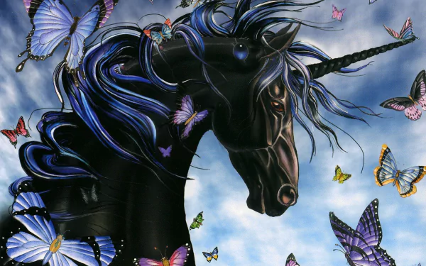 A vivid HD wallpaper featuring a black unicorn surrounded by colorful butterflies against a dreamy sky, blending elements of fantasy and nature.