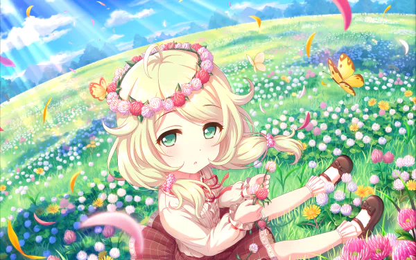 Anime HD desktop wallpaper of Kozue Yusa from THE iDOLM@STER: Cinderella Girls Starlight Stage, featuring her sitting in a vibrant flower-filled meadow with butterflies.