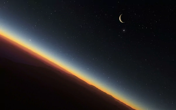 HD PC desktop wallpaper from Space Engine showing a planet's horizon at sunrise with a crescent moon and bright star in a star-filled space scene.