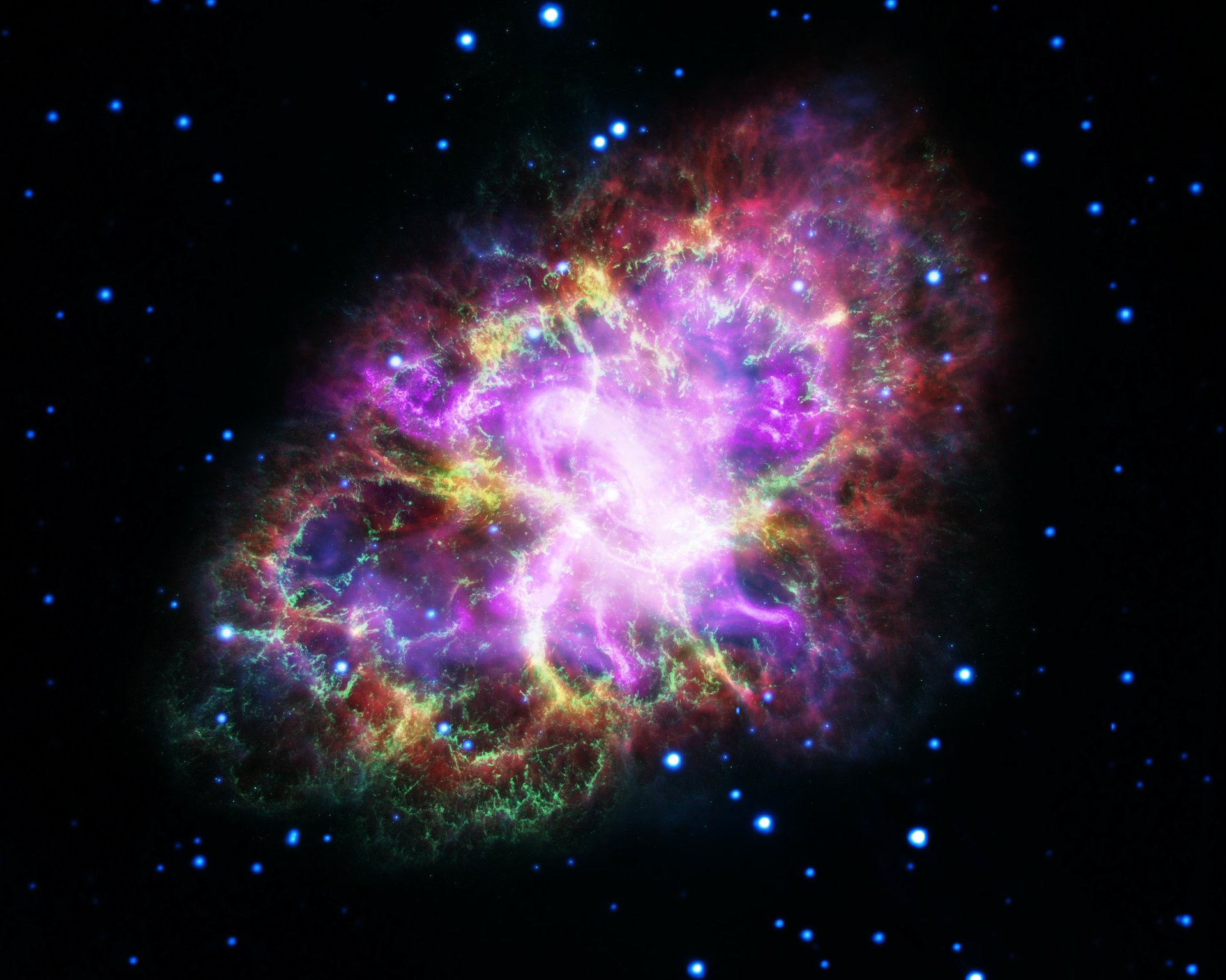 Vibrant Crab Nebula sci-fi depiction: glowing purple, pink and green filamentary nebula against a starfield — 5K Ultra HD PC desktop wallpaper/background.