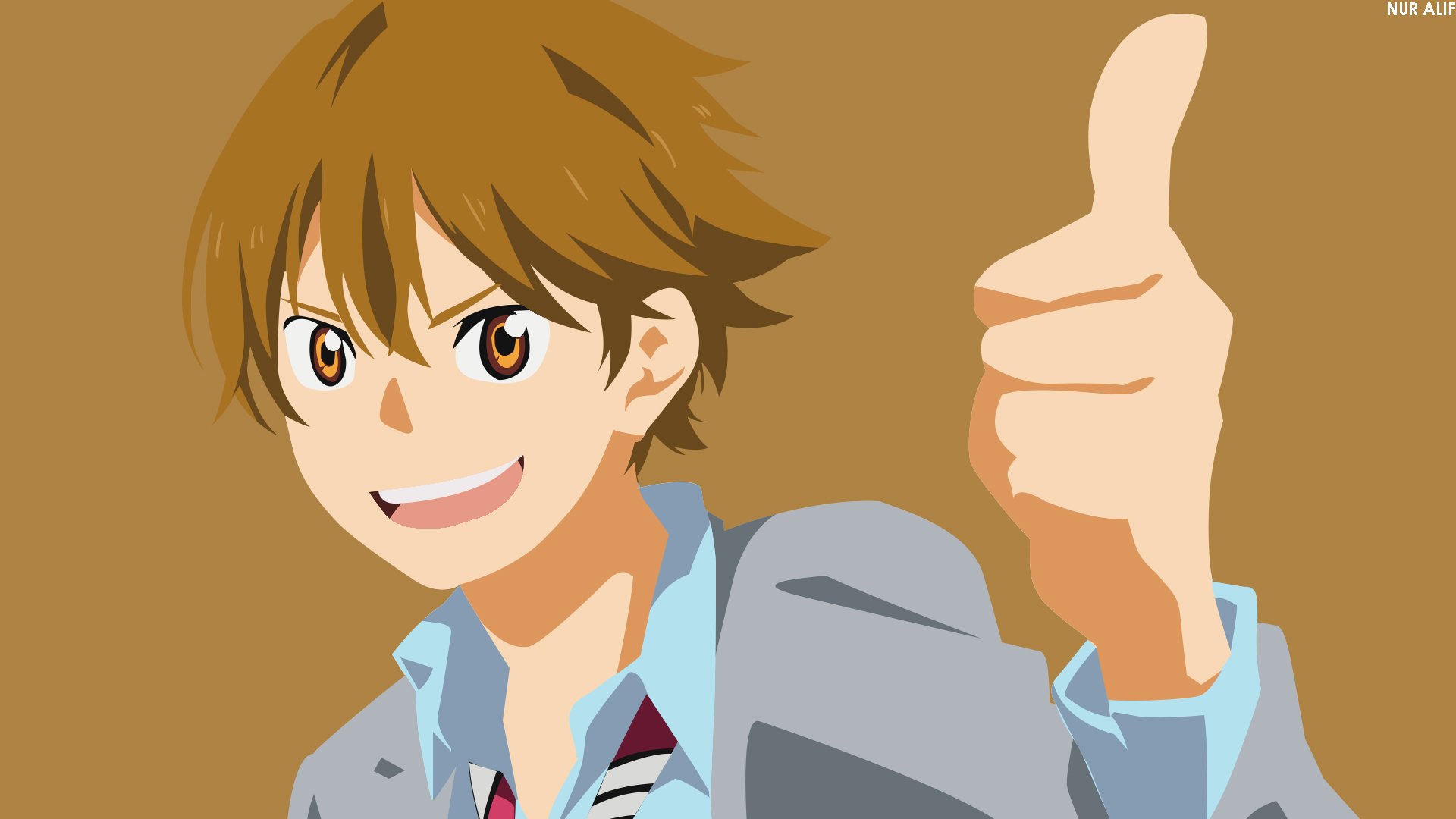 HD anime desktop wallpaper featuring Ryota Watari from Your Lie in April giving a confident thumbs-up with a friendly smile.