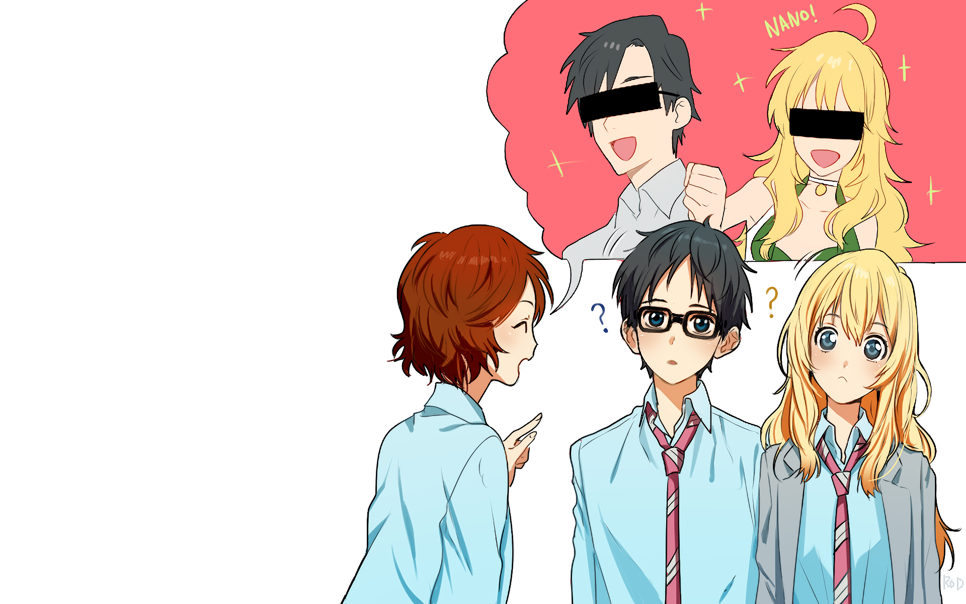 Anime HD desktop wallpaper featuring Your Lie in April characters Tsubaki Sawabe, Kousei Arima, and Kaori Miyazono with thought bubbles showing playful expressions.