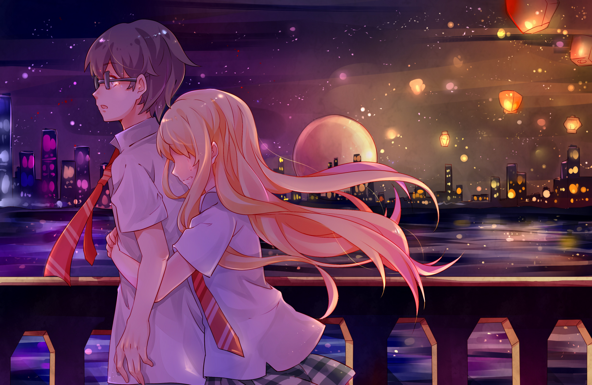Anime characters Kousei Arima and Kaori Miyazono from Your Lie in April stand on a romantic, illuminated balcony with a cityscape and lanterns in the background. HD desktop wallpaper.