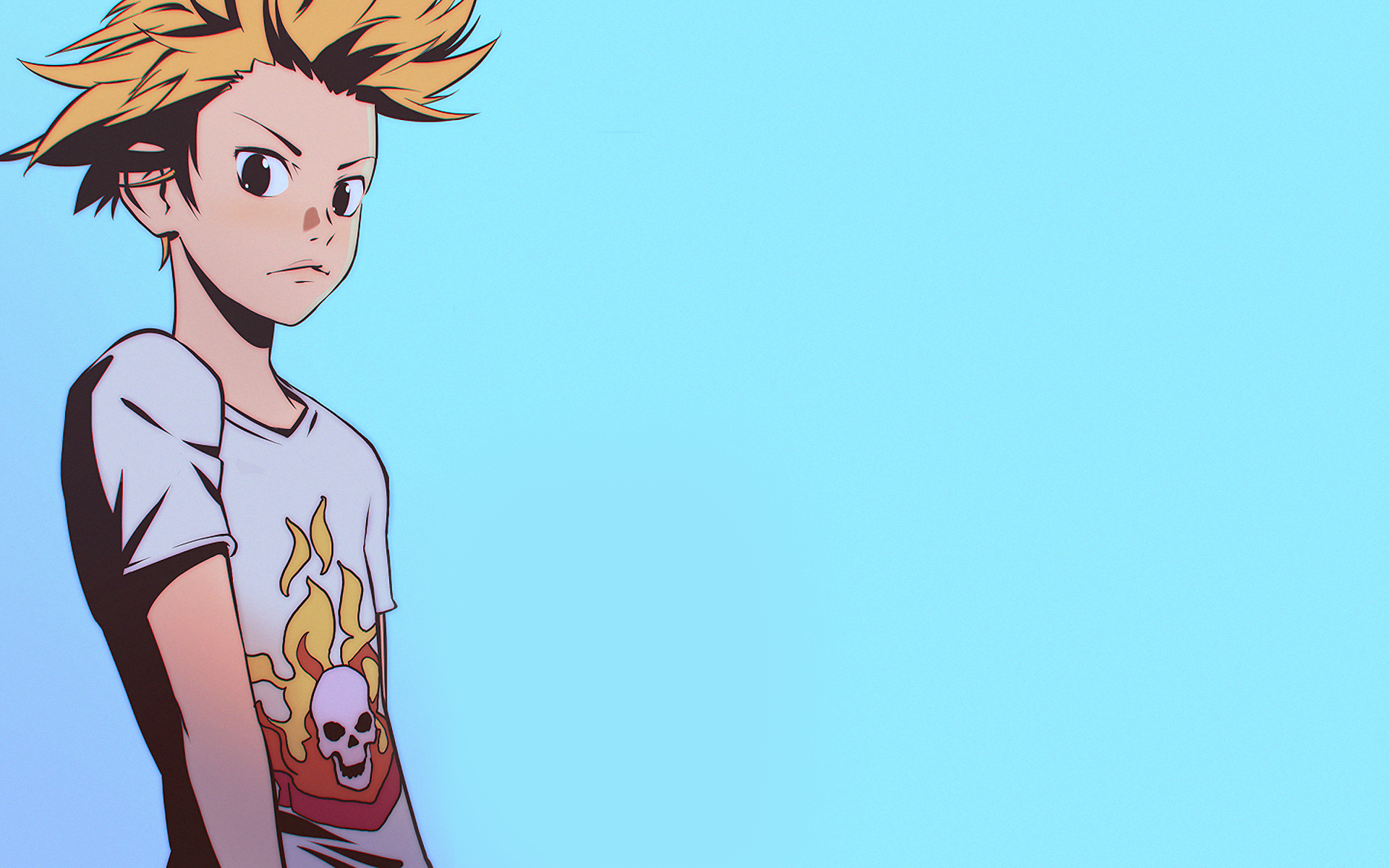 HD anime desktop wallpaper featuring Takeshi Aiza from Your Lie in April against a bright blue background.