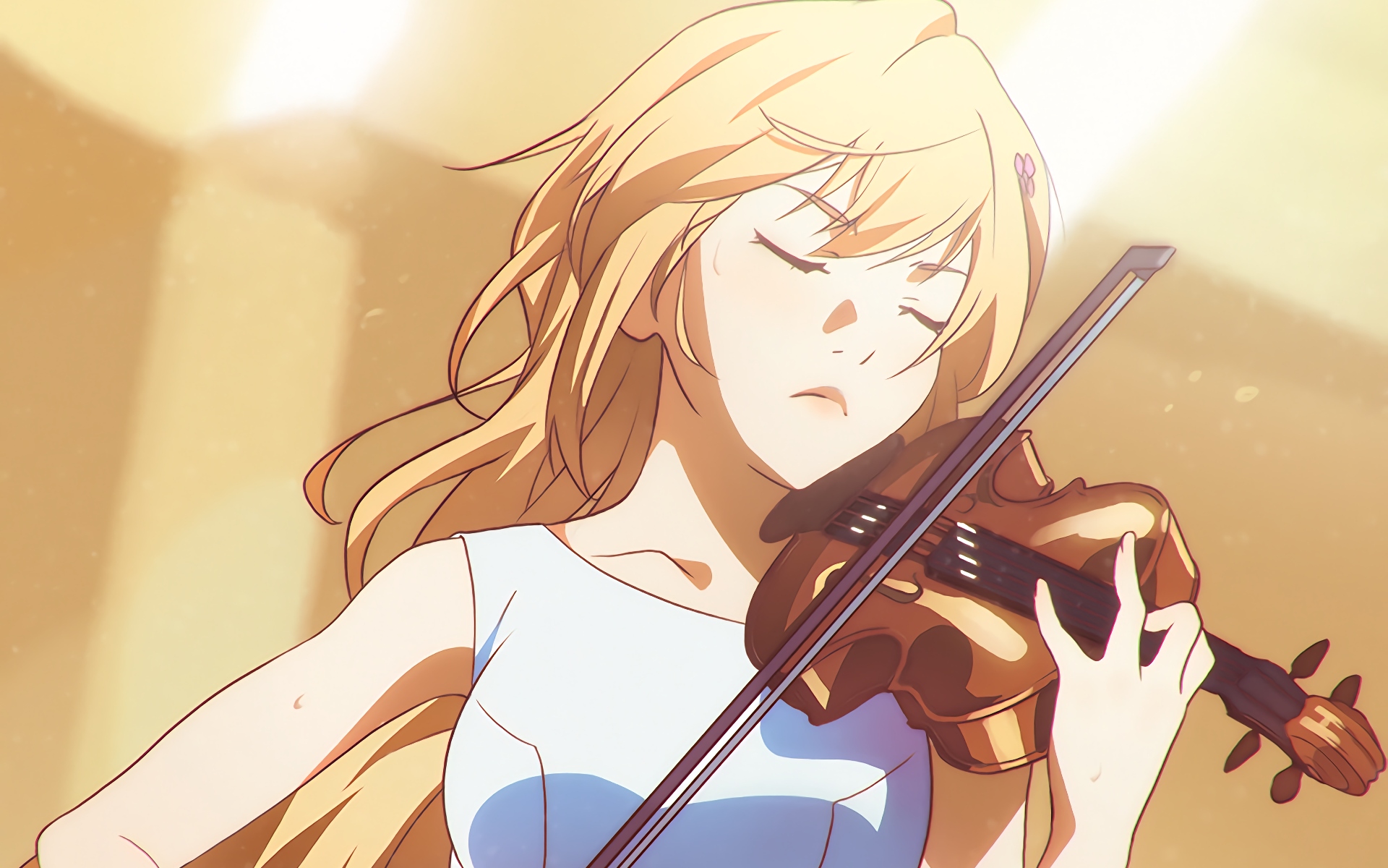 Anime character Kaori Miyazono from Your Lie in April plays the violin passionately in a soft, glowing scene, featured as an HD PC desktop wallpaper.