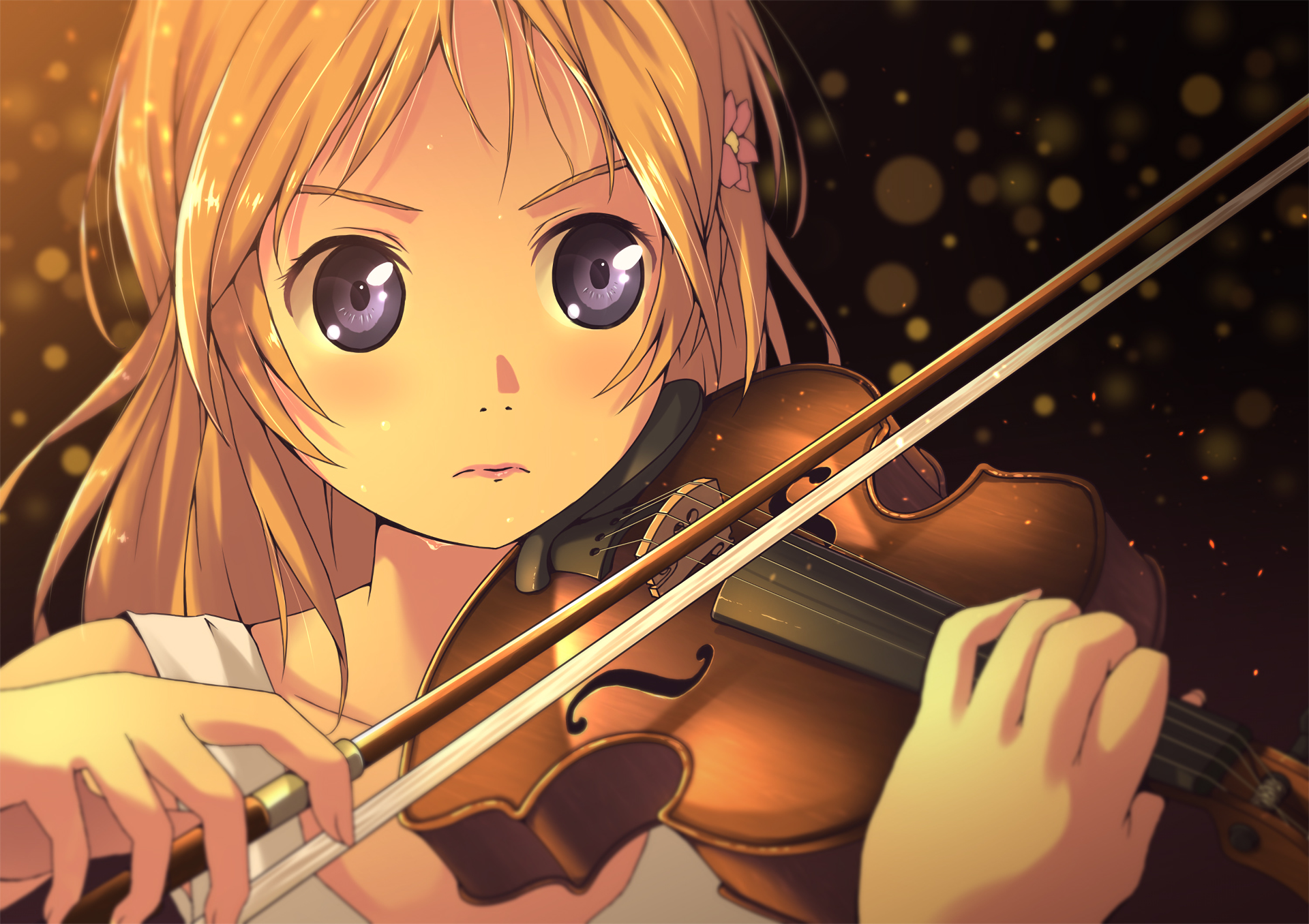 A HD desktop wallpaper featuring Kaori Miyazono from the anime Your Lie in April, playing the violin with a determined expression against a backdrop of warm, glowing particles.