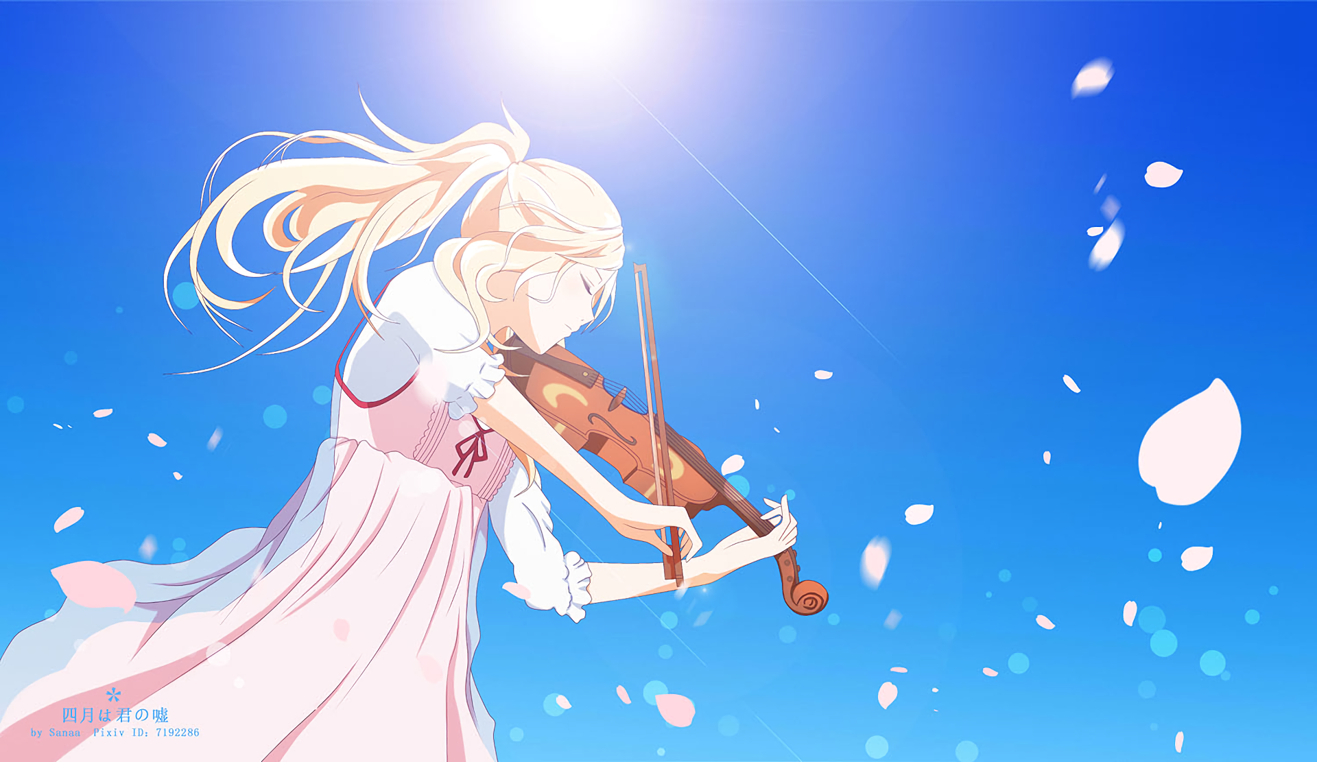 A beautiful HD desktop wallpaper featuring Kaori Miyazono from the anime Your Lie in April, playing the violin under a bright blue sky with floating petals.
