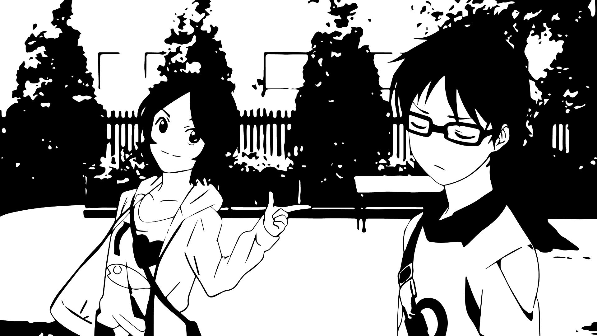 Monochrome anime HD PC desktop wallpaper/background of Kousei Arima (glasses) and Tsubaki Sawabe standing by a fence with trees — Your Lie in April