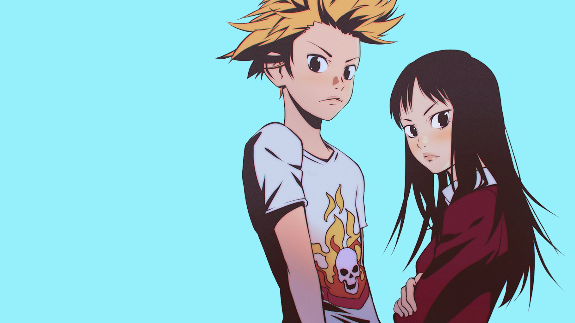 HD anime desktop wallpaper featuring Emi Igawa and Takeshi Aiza from Your Lie in April against a solid light blue background.