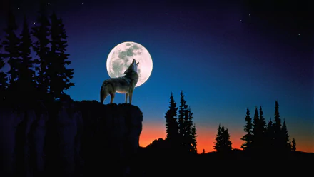 A wolf howls on a cliff under a full moon with a starry night sky, framed by silhouettes of pine trees. This HD desktop wallpaper captures the serene wilderness at twilight.