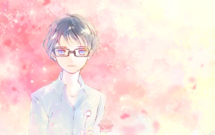 HD anime desktop wallpaper featuring Kousei Arima from Your Lie in April, set against a soft pink and white background with delicate floral accents.