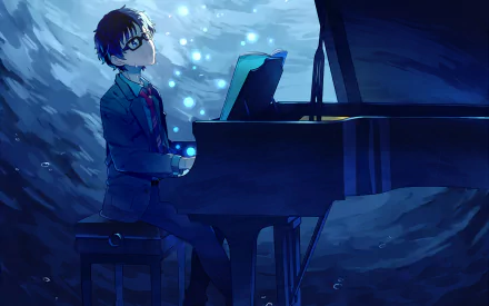 HD desktop wallpaper featuring Kousei Arima from Your Lie in April anime, playing the piano surrounded by a blue underwater-like background.