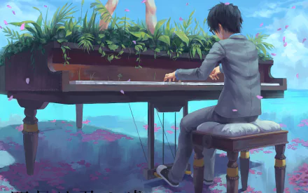 HD anime desktop wallpaper featuring Kousei Arima playing a grand piano outdoors, inspired by Your Lie in April, with petals floating in a bright, serene sky.