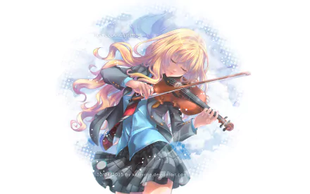 HD anime desktop wallpaper featuring Kaori Miyazono from Your Lie in April, playing the violin with flowing hair and skirt against a soft, dreamy background.