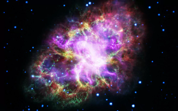 Vibrant Crab Nebula sci-fi depiction: glowing purple, pink and green filamentary nebula against a starfield — 5K Ultra HD PC desktop wallpaper/background.