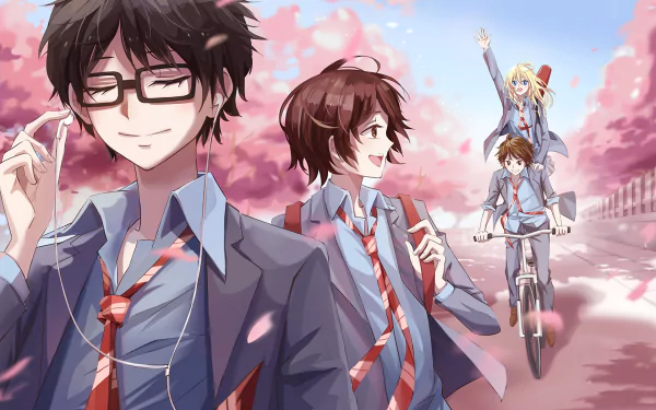 HD wallpaper featuring characters Ryota Watari, Tsubaki Sawabe, Kousei Arima, and Kaori Miyazono from the anime Your Lie in April, against a backdrop of cherry blossoms.