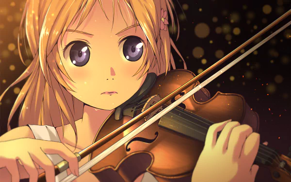 A HD desktop wallpaper featuring Kaori Miyazono from the anime Your Lie in April, playing the violin with a determined expression against a backdrop of warm, glowing particles.
