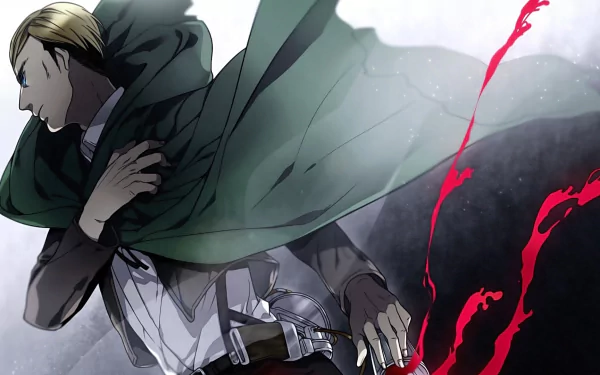 Erwin Smith from Attack on Titan in a dynamic pose with his green cloak billowing, set against a misty background with red streaks, featured in an HD anime wallpaper.