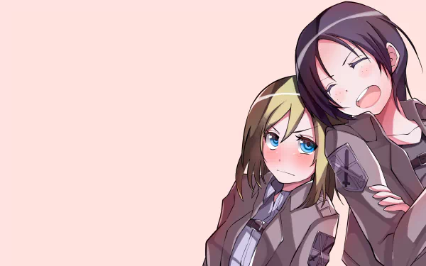 HD anime desktop wallpaper featuring Ymir and Historia Reiss from Attack on Titan, showcasing their distinct expressions against a soft pink background.