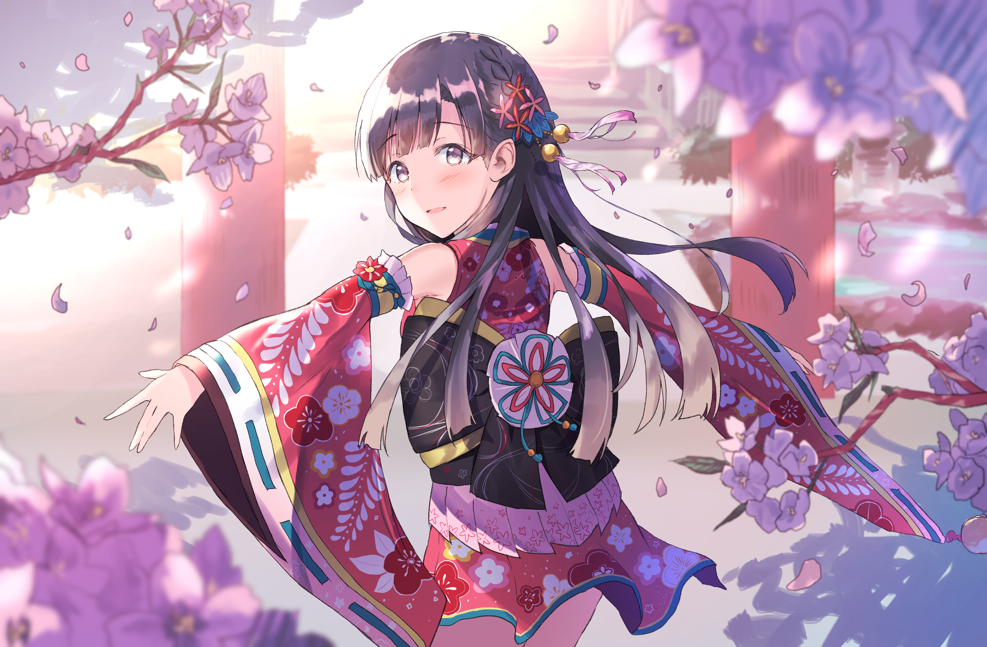 HD PC desktop wallpaper of Sae Kobayakawa from THE iDOLM@STER Cinderella Girls Starlight Stage, featuring vibrant anime art with cherry blossoms and traditional attire.