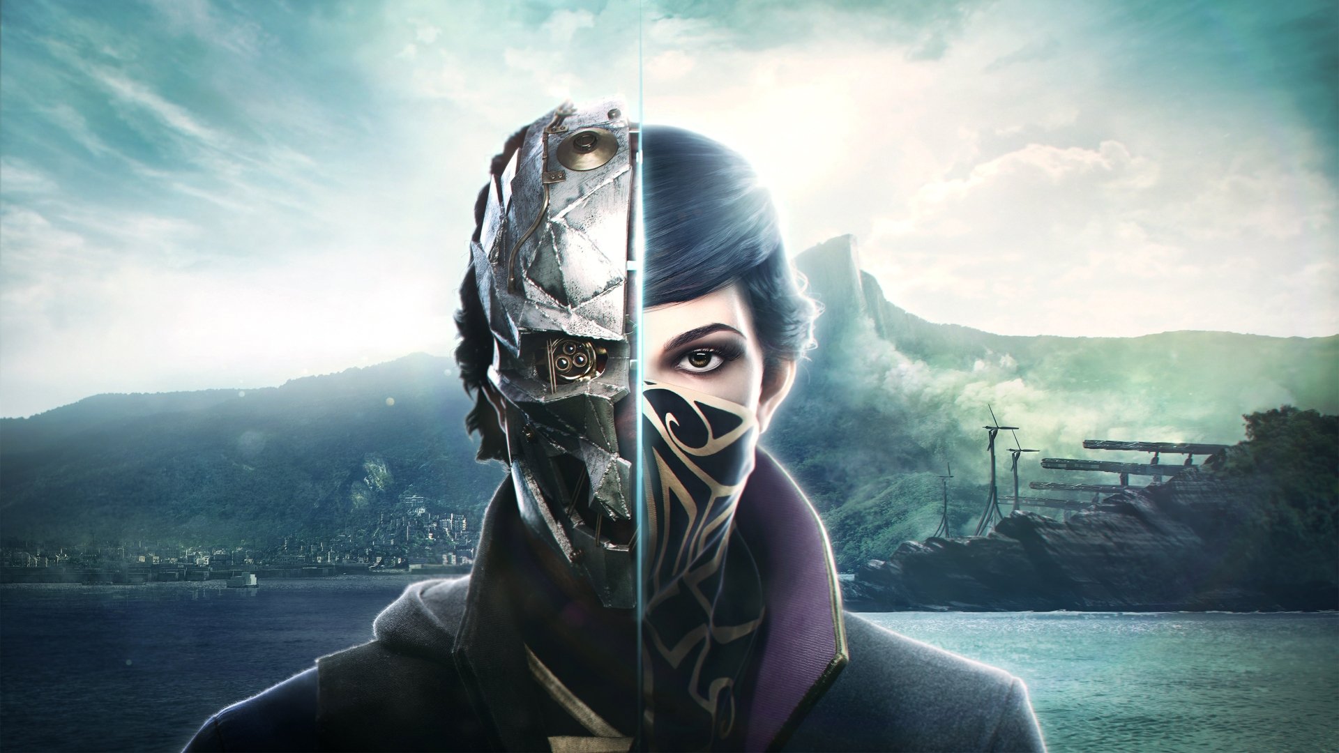 HD wallpaper featuring Corvo Attano and Emily Kaldwin from Dishonored 2, with a backdrop of a mysterious coastal landscape, divided to show both characters side-by-side.