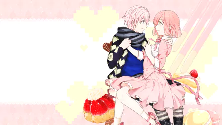 Nanami Haruka and Mikado Nagi from Uta no Prince-sama share a tender moment amid pastel hearts and sweets as he wraps a scarf around her — HD anime desktop wallpaper.