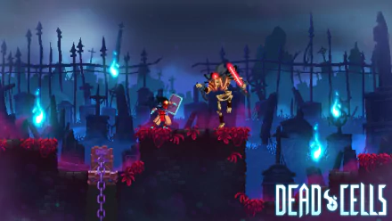 HD desktop wallpaper of Dead Cells featuring a character in combat amidst a dark, haunting landscape with floating blue lights.