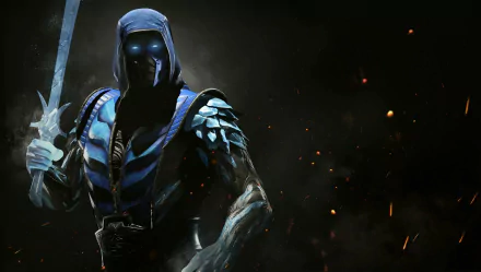 HD wallpaper of Sub-Zero from Mortal Kombat and Injustice 2, featuring a ninja with glowing blue eyes, an ice sword, and a masked hood. The character's armor glistens amidst a dark, smoky background.