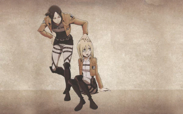 HD PC wallpaper featuring Ymir and Historia Reiss from the anime Attack on Titan, showcasing the characters in their Survey Corps uniforms against a textured background.