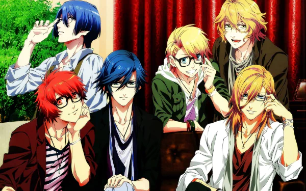 HD PC desktop wallpaper featuring Shinomiya Natsuki, Kurusu Syo, Jinguji Ren, Ittoki Otoya, Ichinose Tokiya, and Hijirikawa Masato from the anime Uta no Prince-sama.