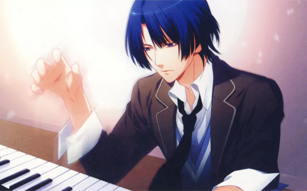 Hijirikawa Masato from Uta no Prince-sama playing piano in anime style — 4K Ultra HD PC desktop wallpaper/background.